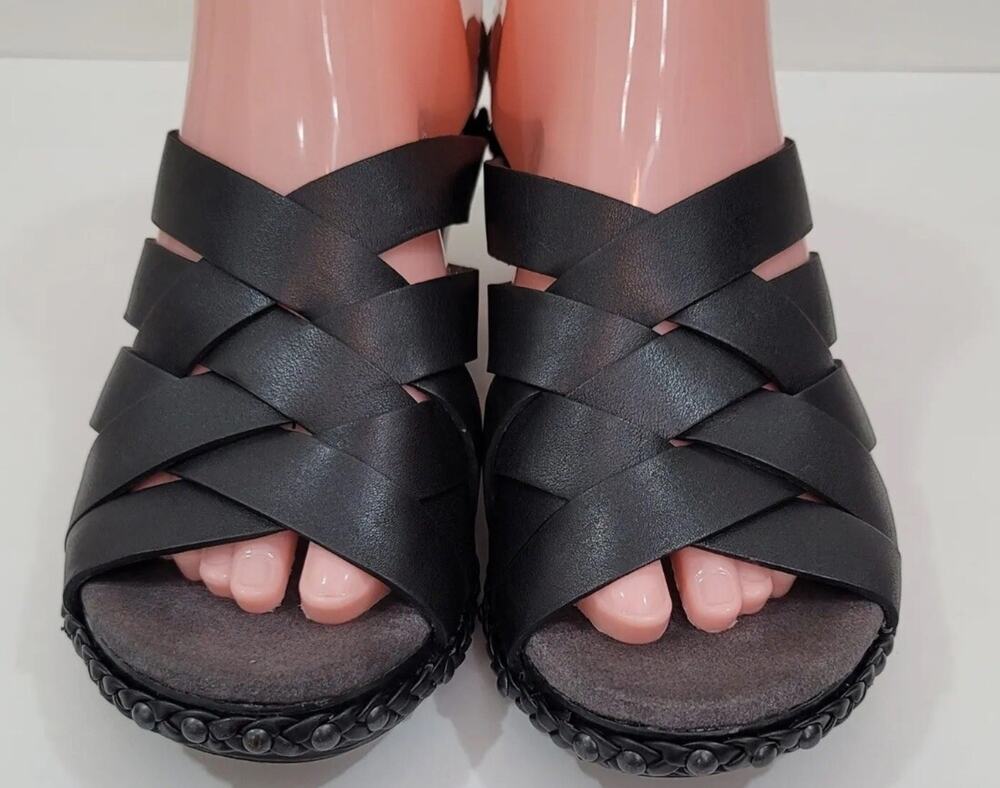 Dansco Tory Wedge Mules Braided Sandals Cross Black Leather Strappy Sz. 10